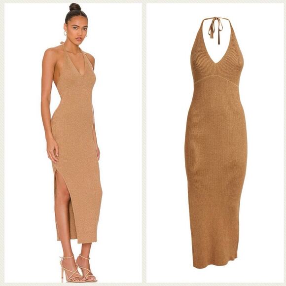 ALLSAINTS Lexi Halter Ribbed Knit Dress in Praline Metallic Size L - Picture 2 of 10